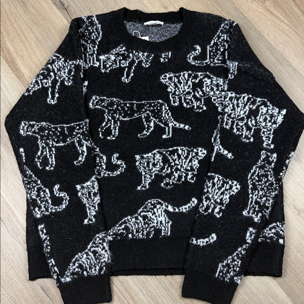 NWT Faith & Zoe Wool Blend Leopard Jaguar Print Sweater Black White Large - Picture 3 of 5